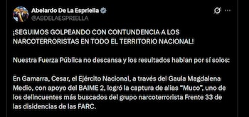 El presidente Abelardo de la Espriella resaltó el operativo de la fuerza pública contra los cabecillas de las disidencias armadas (@COL_EJERCITO / X)