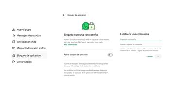 Interfaz de WhatsApp Web mostrando la opción 'Activar bloqueo de aplicación'