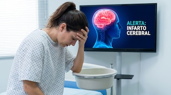 Una mujer con bata de hospital se inclina con una mano en la frente frente a un lavabo, junto a una pantalla con un cerebro resaltado y el texto Alerta: Infarto Cerebral.