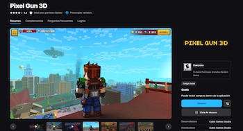 Captura de pantalla de la página de Pixel Gun 3D en una tienda de aplicaciones para Personal computer. Se ve un personaje pixelado frente a una ciudad y una nave espacial