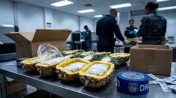 Varias piñas tropicales abiertas muestran paquetes ocultos en su interior sobre una mesa metálica. Hay cajas de cartón, precintos y una cinta azul de la DNCD.
