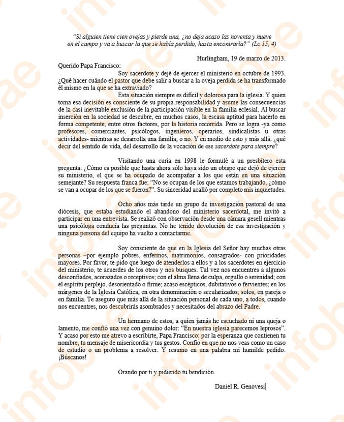La carta dque Daniel le envió al Papa Francisco