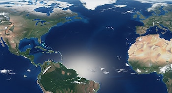 Océano Atlántico, continente americano al oeste, Europa y África al este, con formaciones nubosas sobre el mar.