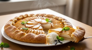 Primer plano de una tarta de peras horneada, mostrando los detalles de la fruta y la masa crujiente.