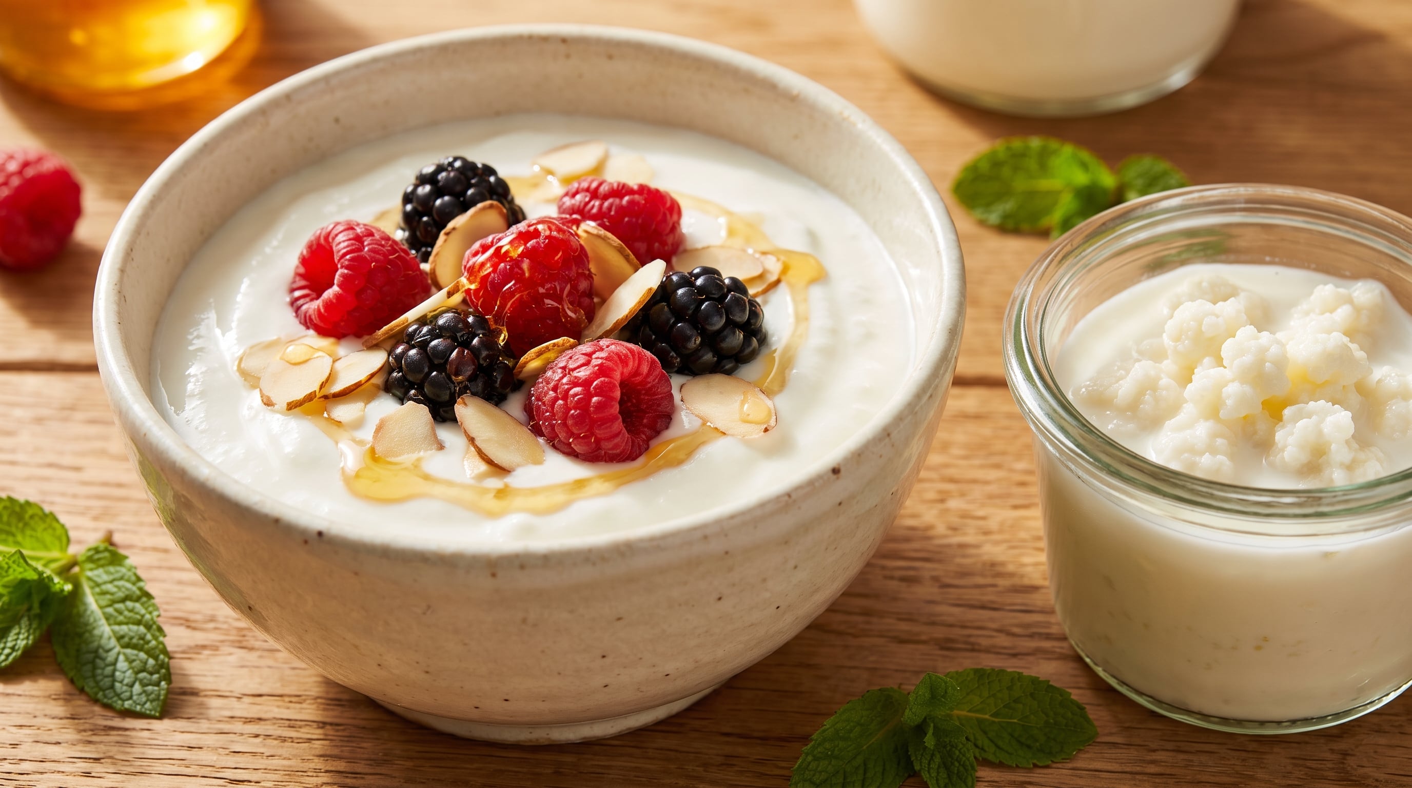 Un cuenco con kéfir de leche decorado con frutos rojos y almendras se presenta junto a un recipiente de vidrio con nódulos de fermentación sobre madera. (Imagen Ilustrativa Infobae)