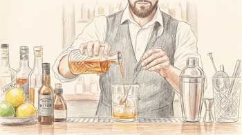 Ilustración a color de un bartender barbudo vertiendo una bebida en un vaso con hielo. Se ven botellas, cítricos y herramientas de coctelería.