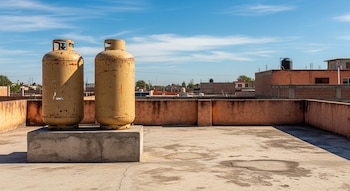 Dos tanques de gas LP amarillos y oxidados se encuentran sobre una plataforma de concreto en una azotea, con edificios y un cielo azul claro de fondo.