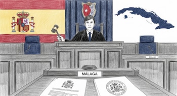 Dibujo de un magistrado en un tribunal de Málaga, con martillo, el escudo de España, un mapa de Cuba y documentos judiciales.