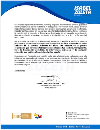 Isabel Zuleta exigió verificación judicial antes de la posesión presidencial de Abelardo de la Espriella - crédito @ISAZULETA/X