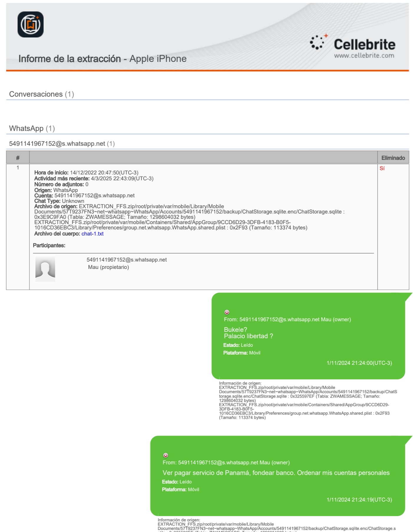 Mensaje extraído por la DATIP del celular de Novelli del 1 de noviembre de 2024