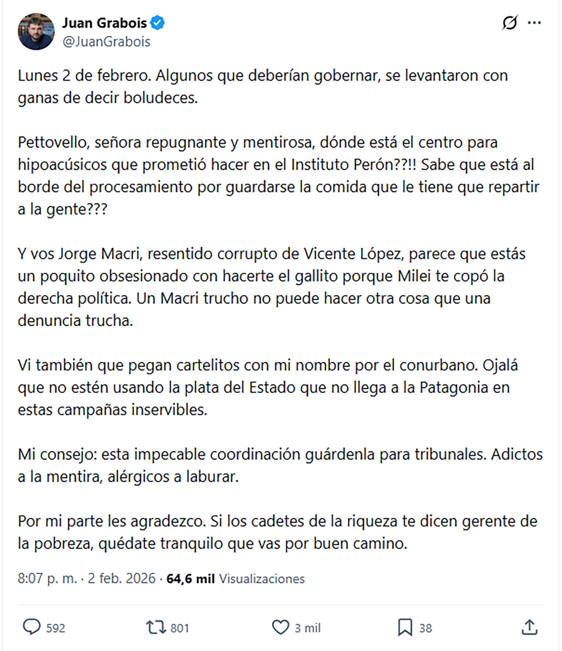 El reproche del diputado nacional de Juan Grabois a Sandra Pettovello y Jorge Macri