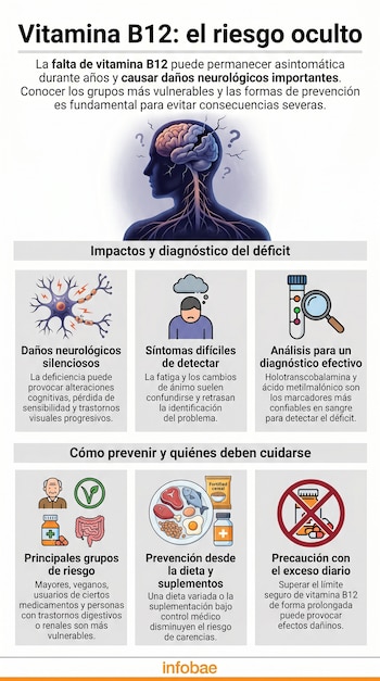 Infografía sobre Vitamina B12. Muestra un cerebro con grietas y símbolos de interrogación, neuronas dañadas, persona fatigada, tubo de ensayo, alimentos y pastillas.