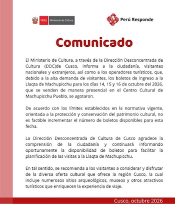 Comunicado del Ministerio de Cultura