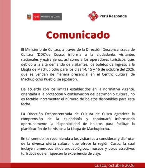 Comunicado del Ministerio de Cultura