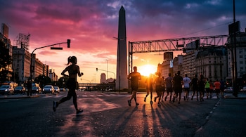 Siluetas de personas corriendo sobre el asfalto de una avenida frente al Obelisco, con edificios y el sol poniente al fondo.