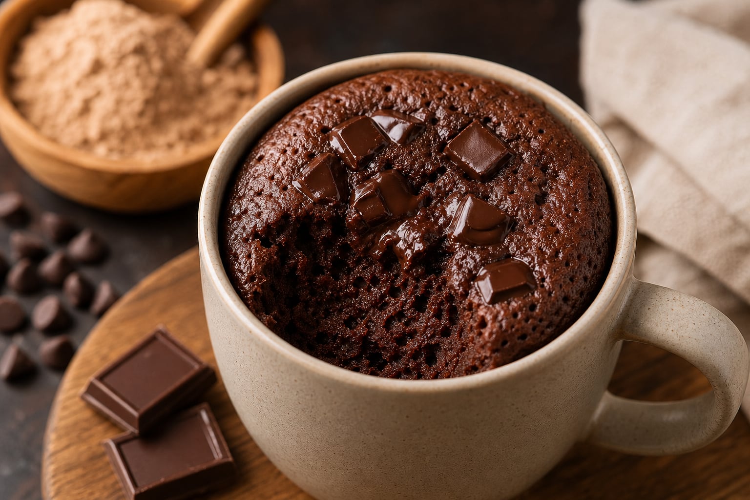 Un mug cake de brownie proteico reposa en una taza de cerámica junto a trozos de chocolate y un cuenco con ingredientes en polvo. (Imagen Ilustrativa Infobae)