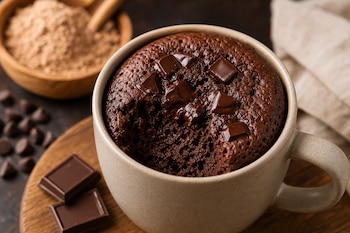 Taza de cerámica con un bizcocho de chocolate horneado, trozos de cacao en la parte superior y un cuenco con polvo al fondo.