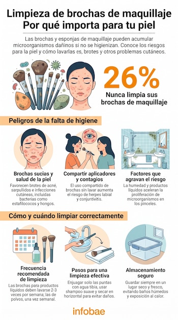 Brochas y esponjas de maquillaje sucias con bacterias, mujer con acné, porcentaje de no limpieza. Ilustraciones sobre riesgos cutáneos y guía de limpieza.