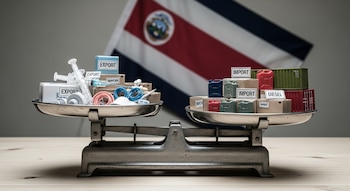 Balanza de platillos sobre mesa de madera con bandera de Costa Rica al fondo. Un platillo carga miniaturas de productos médicos y cajas 'EXPORT', el otro miniaturas de bidones de combustible y cajas 'IMPORT'.