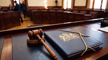 Un mazo de madera y un libro azul con un escudo dorado sobre una mesa de madera en una sala con bancos.