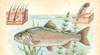 Ilustración didáctica que muestra una sección transversal de la piel con folículos pilosos, un pez con escamas bajo el agua y una sección de piel con una pluma.