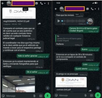 Uno de los chats entre los estafadores y una de las víctimas - crédito suministrado por la Dian