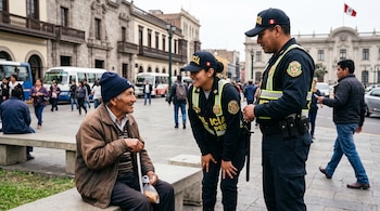 Un adulto mayor sentado en un banco habla con dos agentes de policía en una plaza pública frente a edificios históricos.