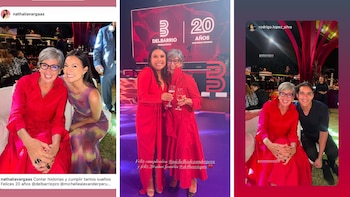 Tres fotografías que muestran a una mujer de cabello gris y vestido rojo con distintas personas en un evento. Hay un fondo con el logo "Del Barrio Producciones"