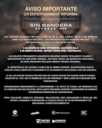 CR Entertainment informó que quienes no puedan asistir en agosto podrán solicitar el reembolso de sus boletos (Cortesía CR Entertainment).