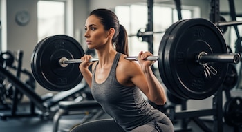 Plano medio de una mujer con cola de caballo, vestida con ropa deportiva gris, realizando sentadillas con una barra pesada sobre sus hombros en un gimnasio.