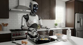 Un robot plateado y negro con ojos brillantes fríe dos huevos en una sartén en una cocina moderna; se ven gabinetes oscuros, encimeras blancas y una estufa.