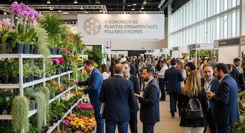 Salón con personas, estantes de plantas ornamentales y flores. Cartel blanco anuncia V Congreso de Plantas Ornamentales, Follajes y Flores.