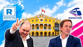Montaje con Rafael López Aliaga, Francis Allison, el Palacio Municipal de Lima y los logotipos de Renovación Popular y Avanza País