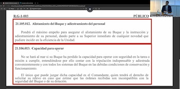 Captura de pantalla mostrando un documento con regulaciones navales en un programa de computadora, junto a una ventana de videollamada de un tribunal federal