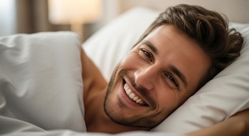 Primer plano de un hombre con cabello castaño oscuro y barba ligera, acostado en la cama con una almohada blanca, sonriendo ampliamente a la cámara.