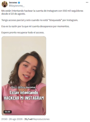 Jerome Sanabria denuncia intentos de hackeo en su Instagram y señala posible motivación política - crédito @SoyJerome__/X