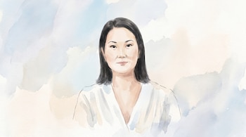 Retrato ilustrado de Keiko Fujimori de medio cuerpo en acuarela digital, con cabello lacio negro, piel clara y ojos almendrados, sobre un fondo pastel con textura de papel.