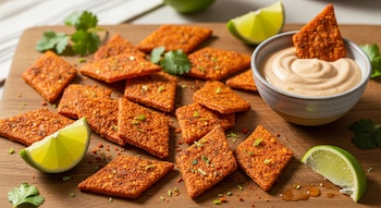 Botanas de maíz nixtamalizado con chile en forma de rombo dispuestas sobre una tabla de madera, acompañadas de un tazón de salsa, rodajas de lima y cilantro fresco.