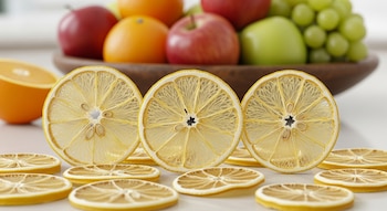 Rodajas de limón deshidratado sobre una mesada. Al fondo, una naranja cortada y una frutera con manzanas, naranjas y uvas verdes.