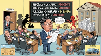 Caricatura de Gustavo Petro pasando lista en un Congreso colombiano con escaños vacíos y congresistas distraídos; reformas pendientes, corrupción y La Guajira.