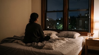Persona de espaldas sentada en una cama frente a una ventana de noche, junto a una mesa con lámpara encendida y un libro.
