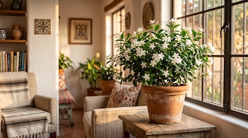 Una planta verde con flores blancas en maceta de terracota sobre una mesa de madera al lado de una ventana.