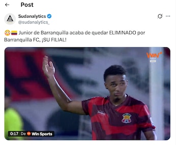 Post en redes sociales de la derrota del Junior FC ante Barranquilla FC en la fase 1B de la Copa Colombia 2026 - crédito X