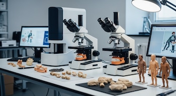 Vista de un laboratorio con dos microscopios, modelos de mandíbulas, muestras arqueológicas, figuras de homínidos y monitores de computadora sobre una mesa blanca.