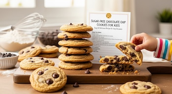 A mão de uma criança segura um biscoito de chocolate. Há um conjunto de biscoitos, uma tigela de farinha, uma tigela de granulado e um cartão de receitas.