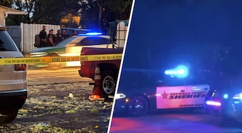 Imagen dividida: Izquierda, agentes de policía, cinta amarilla de "escena del crimen" y vehículos. Derecha, coche de la Patrulla del Sheriff del Condado de Broward con luces