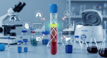 Tubo de ensayo con muestra de sangre o tejido, superpuesto con una doble hélice de ADN y el gen RPN1 resaltado, rodeado de gráficos e iconos de órganos en un laboratorio.