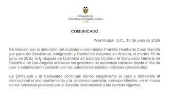 Comunicado Embajada de Colombia en Estados Unidos sobre captura de Beto Coral - crédito Embajada de Colombia en EE. UU./X