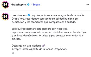 Mensaje de Drop Shop sobre Adriana García. (Captura de pantalla)