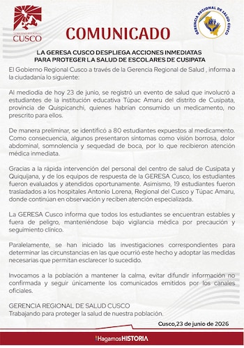 Documento con encabezado del Gobierno Regional Cusco y Gerencia Regional de Salud. Título: 'COMUNICADO'. Texto sobre acciones por intoxicación de escolares